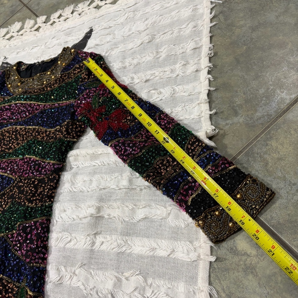 VTG sequined 1980s INDUS V silk beaded Multi Florals disco dress Party 15” PTP - Picture 12 of 16